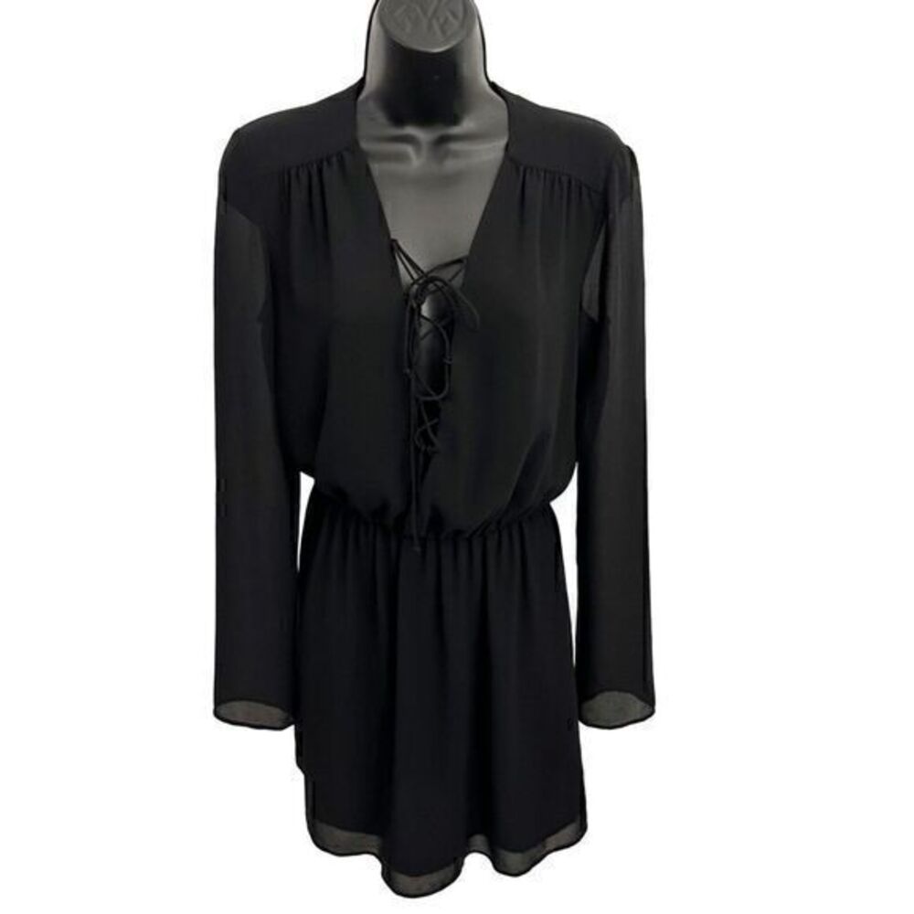 Wayf Sabin Long Sleeve‎ Lace Up Chiffon Mini Dress Black Size Small